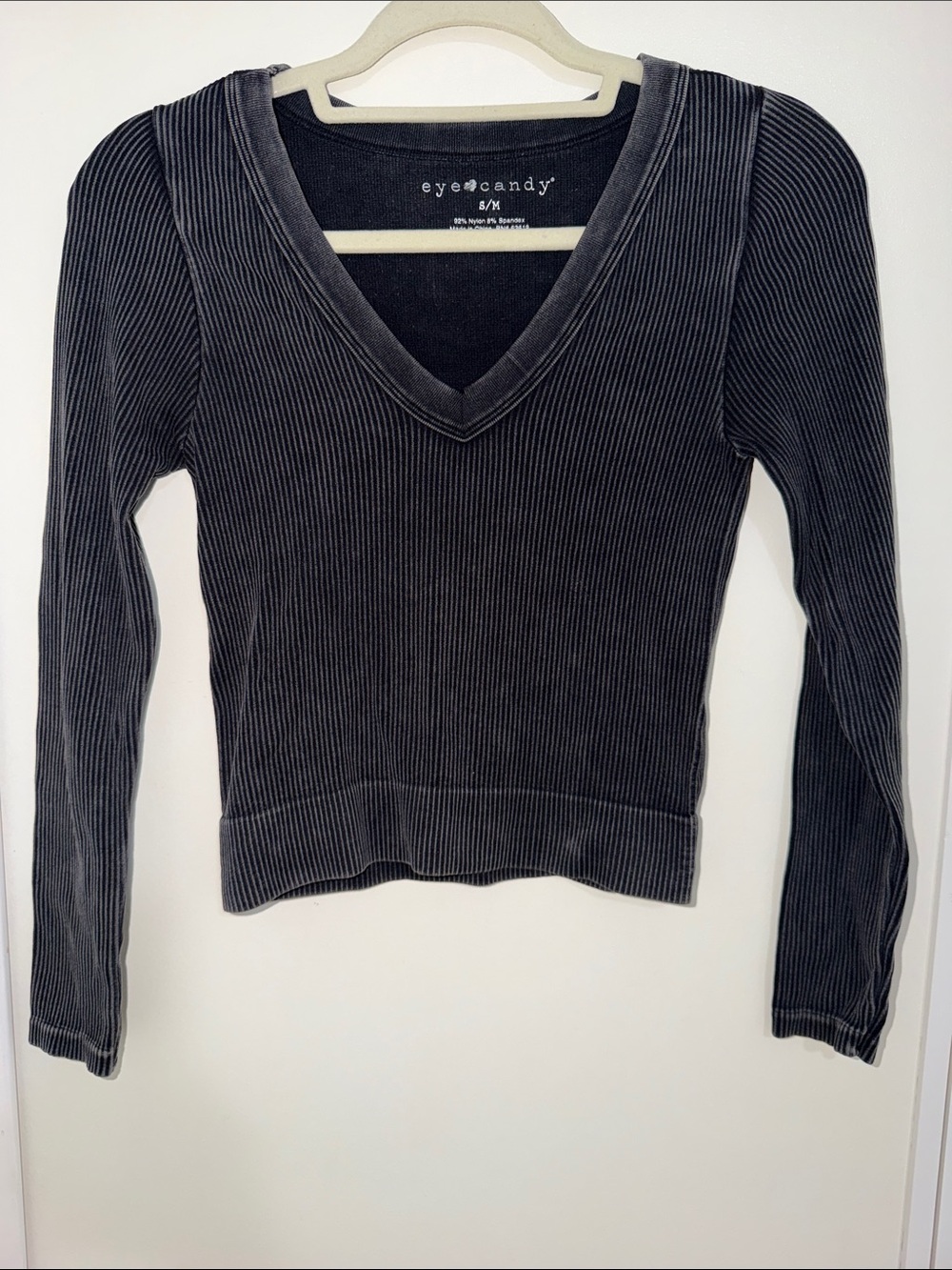 eye candy Charcoal Washed Black Ribbed V-Neck Long Sleeve Top S/M